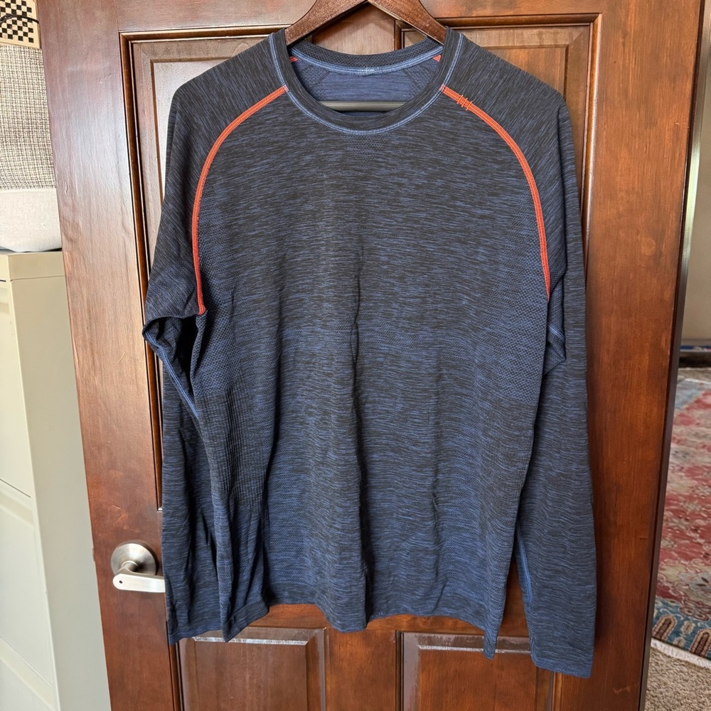 Men's Long Sleeve Heathered Performance Crew Neck Shirt - Navy with Orange Trim